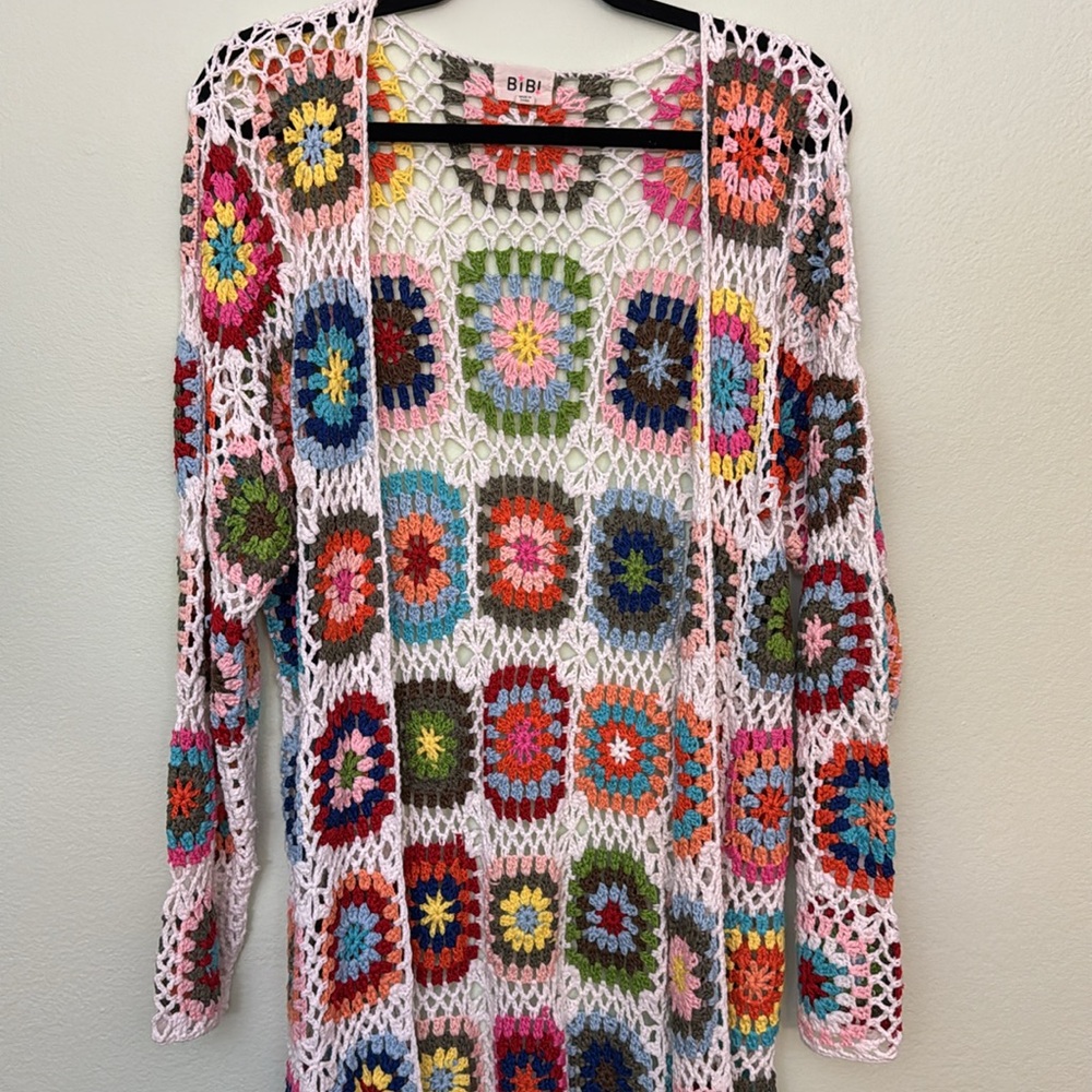 BIBI Handmade Granny Square Crochet Cardigan swim suit coverup long cardigan L - Picture 6 of 12